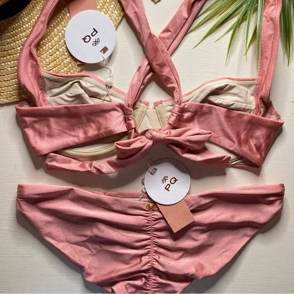 PQ Swim 👙 Rose-Gold Underwire Tie-Back Bikini TopCinched Bottoms 🏝🏄🏼‍♀️